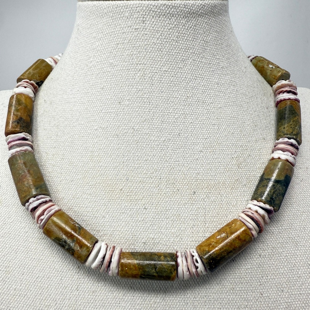 Ocean Jasper Druzy Shell Necklace Vintage Chunky Natural Earthy Green Brown 18in